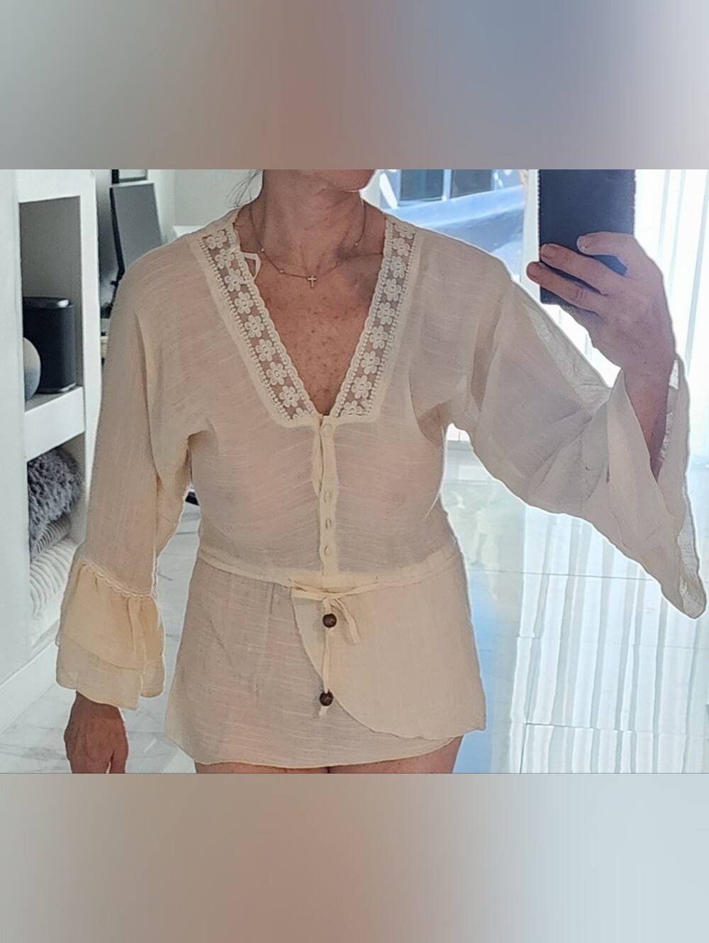 Light Cream Lace-Trim Peasant Blouse - Women Intimates & Sleepwear